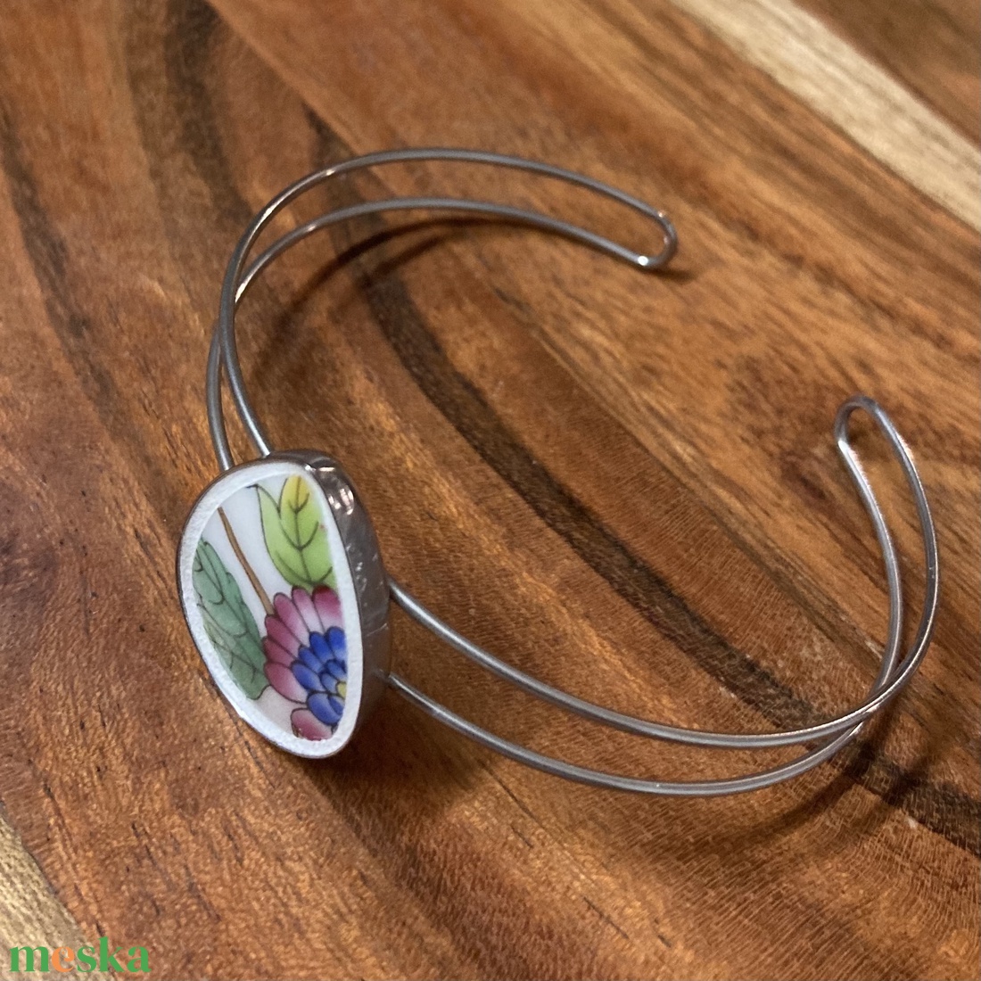 Mentett Herendi darabok - virágos porcelán nemesacél karperec - állítható - ékszer - karkötő - karkötő medállal - Meska.hu