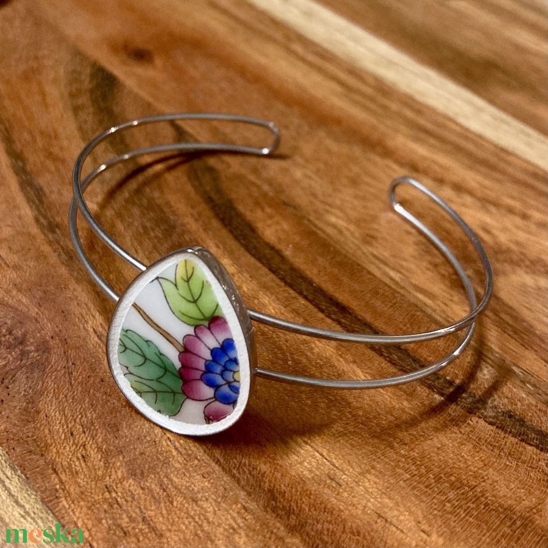 Mentett Herendi darabok - virágos porcelán nemesacél karperec - állítható - ékszer - karkötő - karkötő medállal - Meska.hu