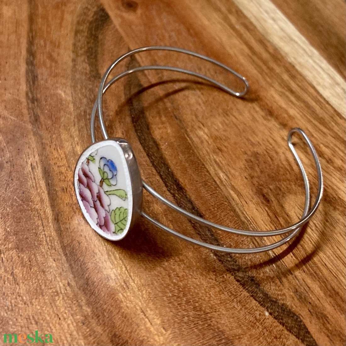 Mentett Herendi darabok - virágos porcelán nemesacél karperec - állítható - ékszer - karkötő - karkötő medállal - Meska.hu