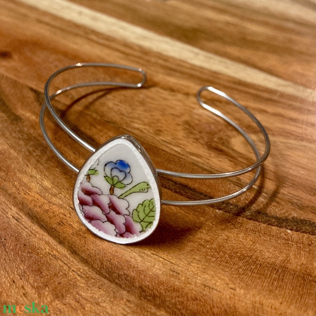 Mentett Herendi darabok - virágos porcelán nemesacél karperec - állítható - ékszer - karkötő - karkötő medállal - Meska.hu