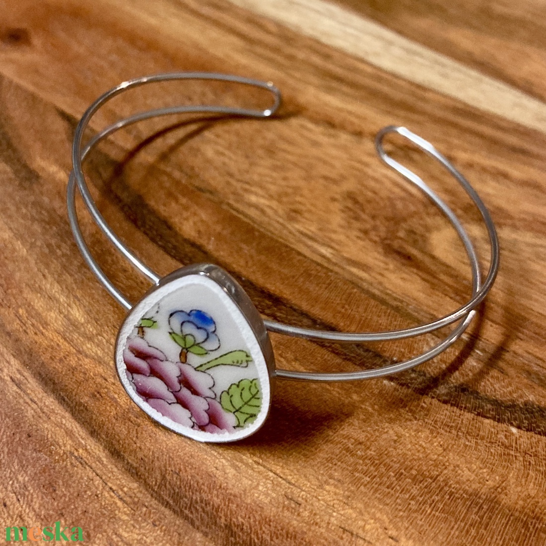 Mentett Herendi darabok - virágos porcelán nemesacél karperec - állítható - ékszer - karkötő - karkötő medállal - Meska.hu