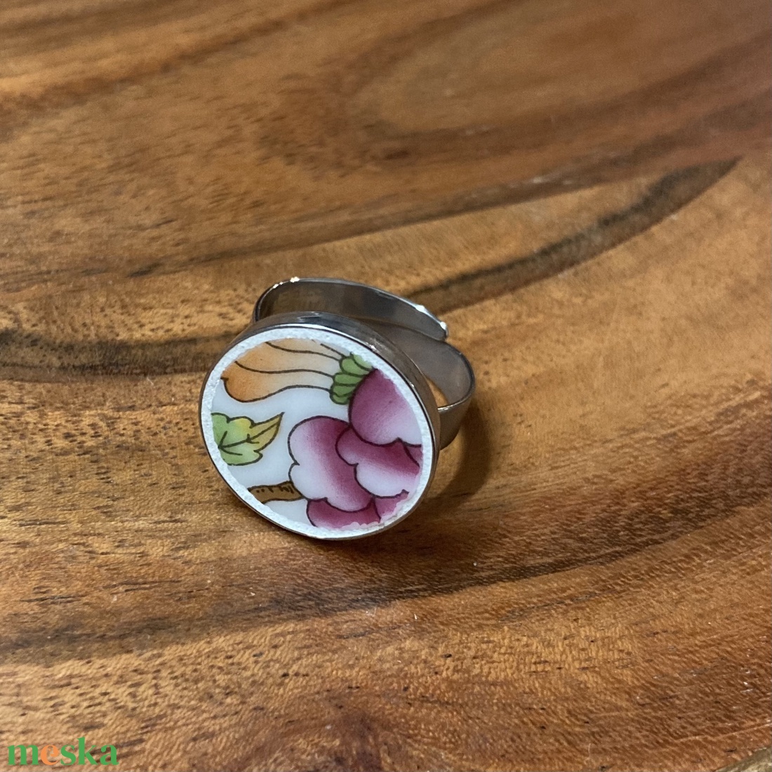 Herendi mentett darabok - nemesacél gyűrű - virágos porcelán, állítható - ékszer - gyűrű - kerek gyűrű - Meska.hu