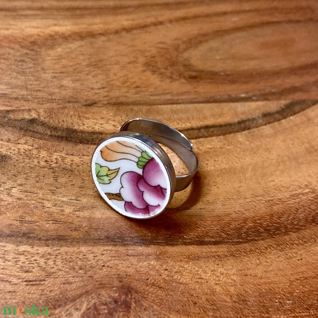Herendi mentett darabok - nemesacél gyűrű - virágos porcelán, állítható - ékszer - gyűrű - kerek gyűrű - Meska.hu