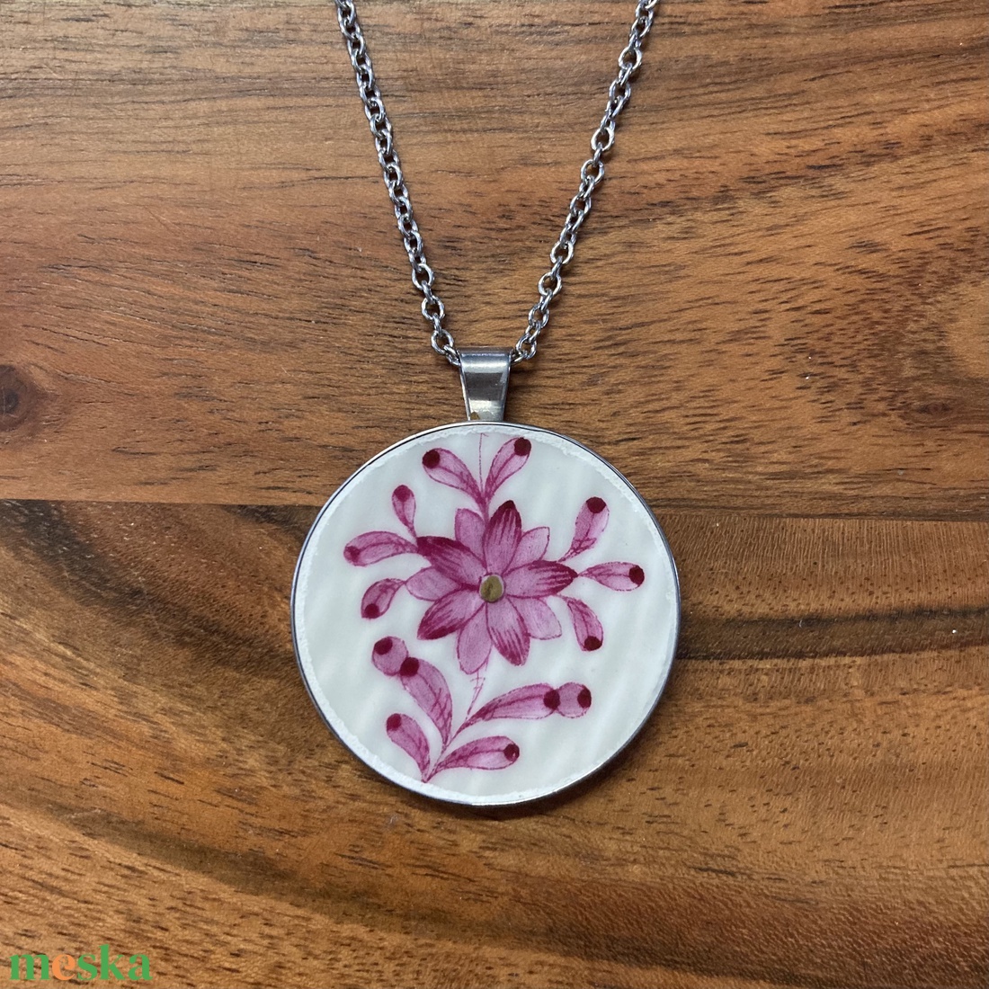Mentett porcelán darabok - virágos nagy medálos nyaklánc - nemesacél - ékszer - nyaklánc - medálos nyaklánc - Meska.hu