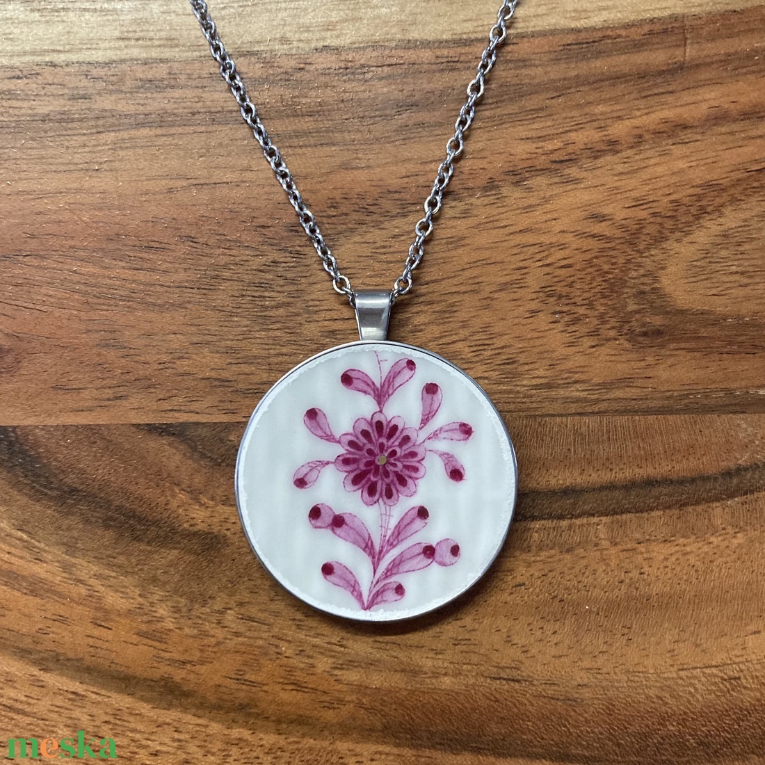 Mentett porcelán darabok - virágos nagy medálos nyaklánc - nemesacél - ékszer - nyaklánc - medálos nyaklánc - Meska.hu