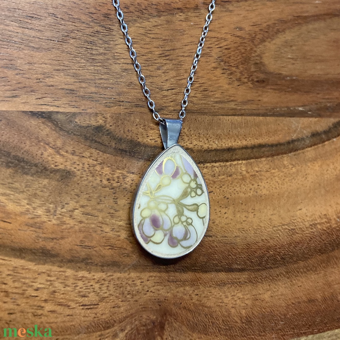 Mentett porcelán darabok - virágos nyaklánc - nemesacél csepp medálos - ékszer - nyaklánc - medálos nyaklánc - Meska.hu