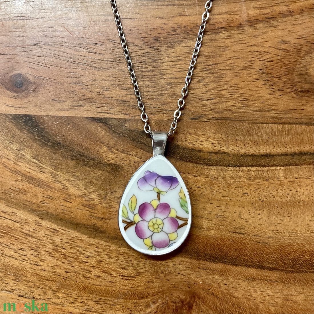 Mentett porcelán darabok - Viktória virágos nyaklánc - nemesacél csepp medálos - ékszer - nyaklánc - medálos nyaklánc - Meska.hu