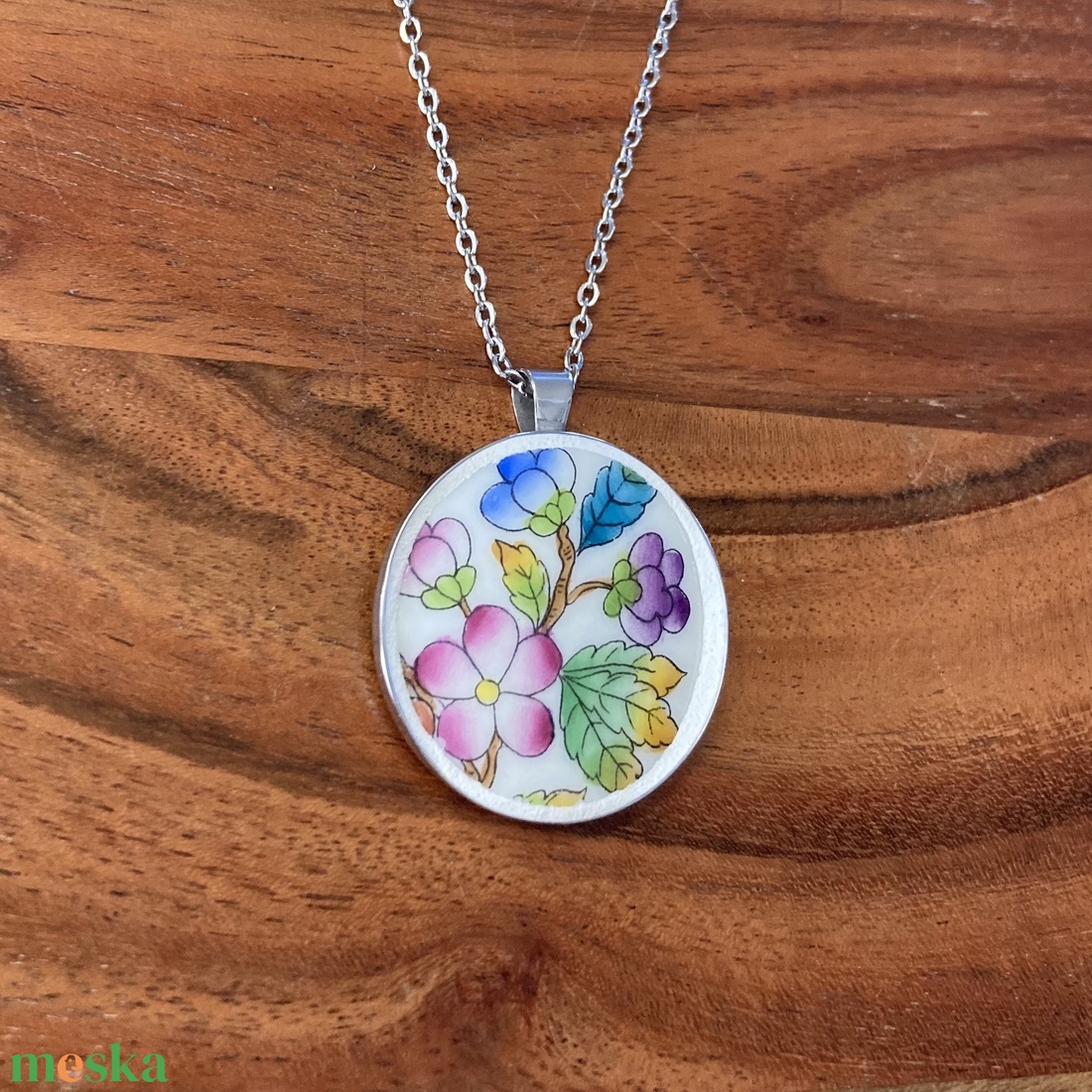Mentett porcelán darabok - virágos nagy medálos nyaklánc - nemesacél - ékszer - nyaklánc - medálos nyaklánc - Meska.hu