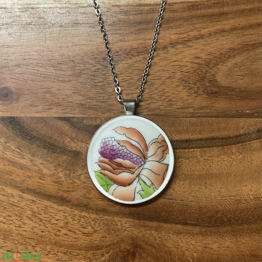 Mentett porcelán darabok - virágos nagy medálos nyaklánc - nemesacél - ékszer - nyaklánc - medálos nyaklánc - Meska.hu