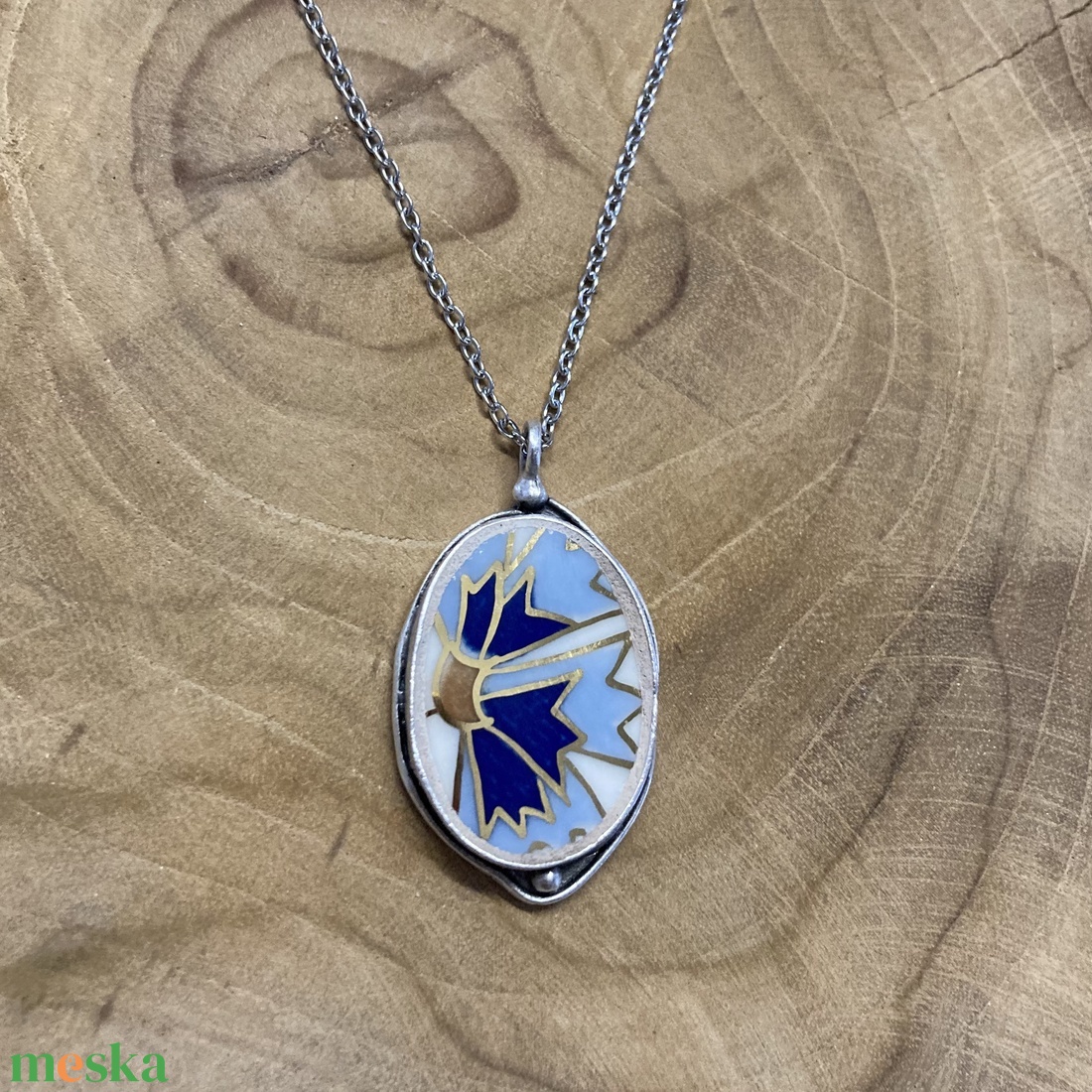 Mentett porcelán darabok - búzavirág mintás nyaklánc - ékszer - nyaklánc - medálos nyaklánc - Meska.hu