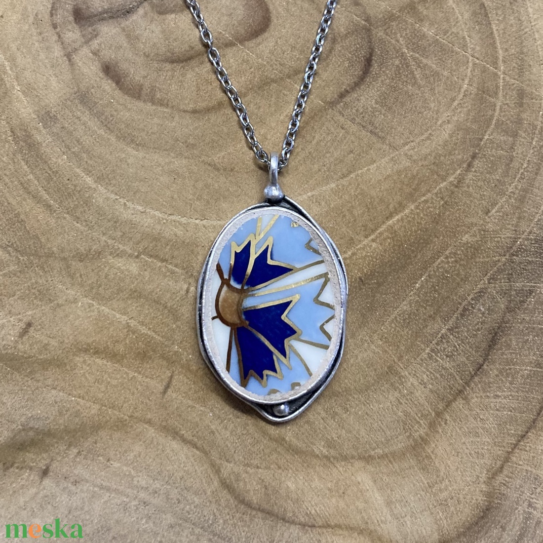 Mentett porcelán darabok - búzavirág mintás nyaklánc - ékszer - nyaklánc - medálos nyaklánc - Meska.hu