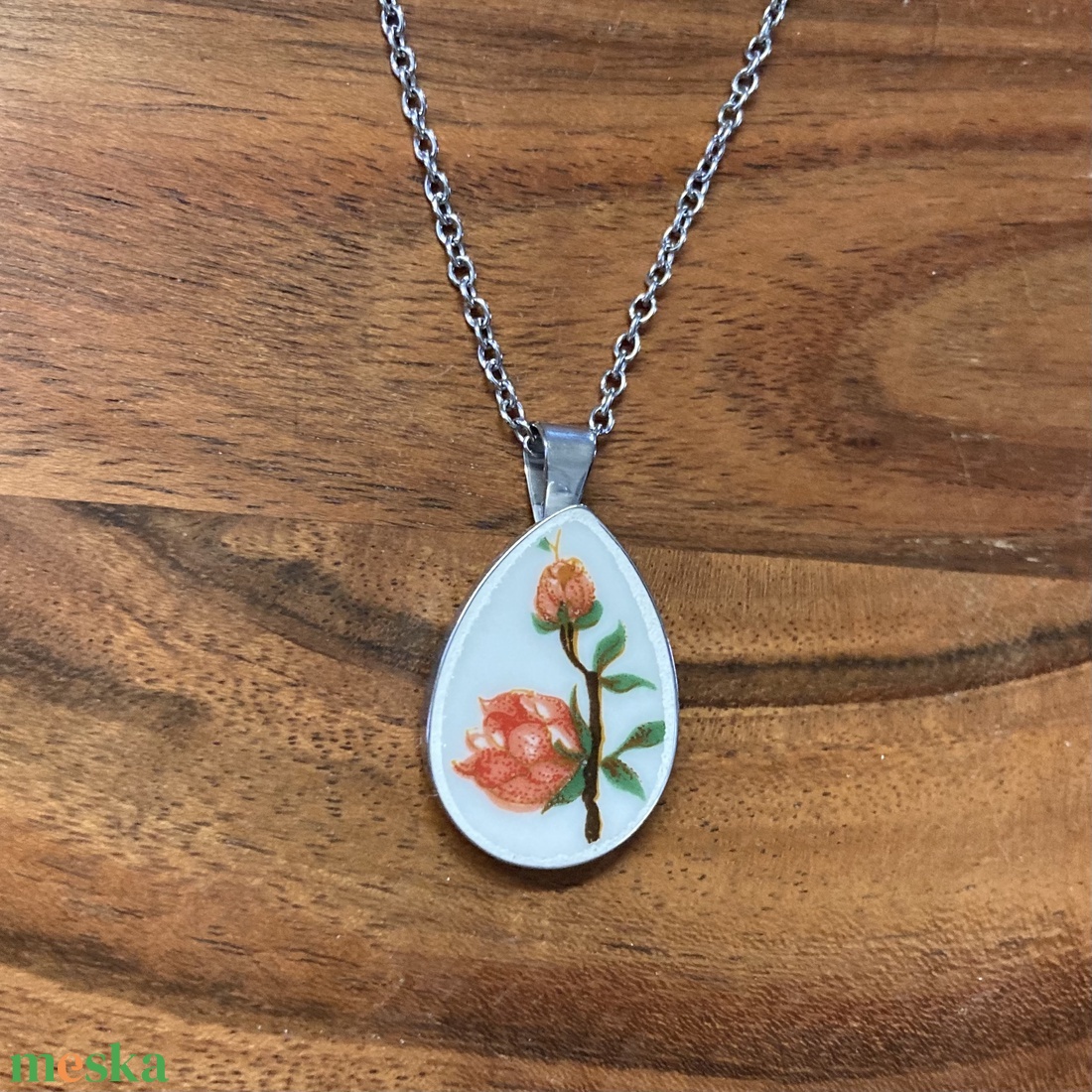 Mentett porcelán darabok - virágos nyaklánc - nemesacél csepp medálos - ékszer - nyaklánc - medálos nyaklánc - Meska.hu