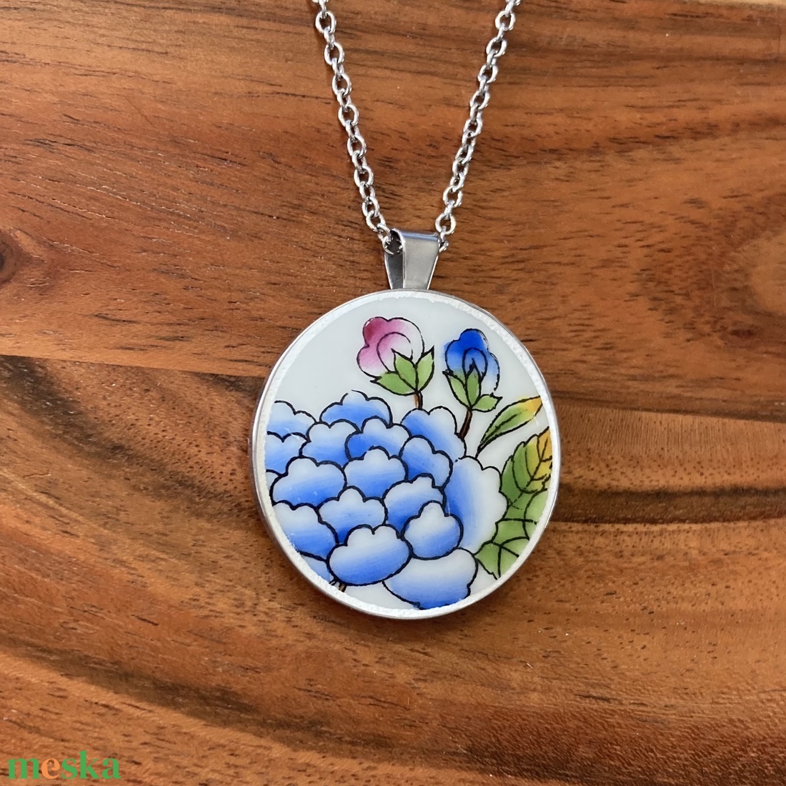 Mentett porcelán darabok - virágos nagy medálos nyaklánc - nemesacél - ékszer - nyaklánc - medálos nyaklánc - Meska.hu
