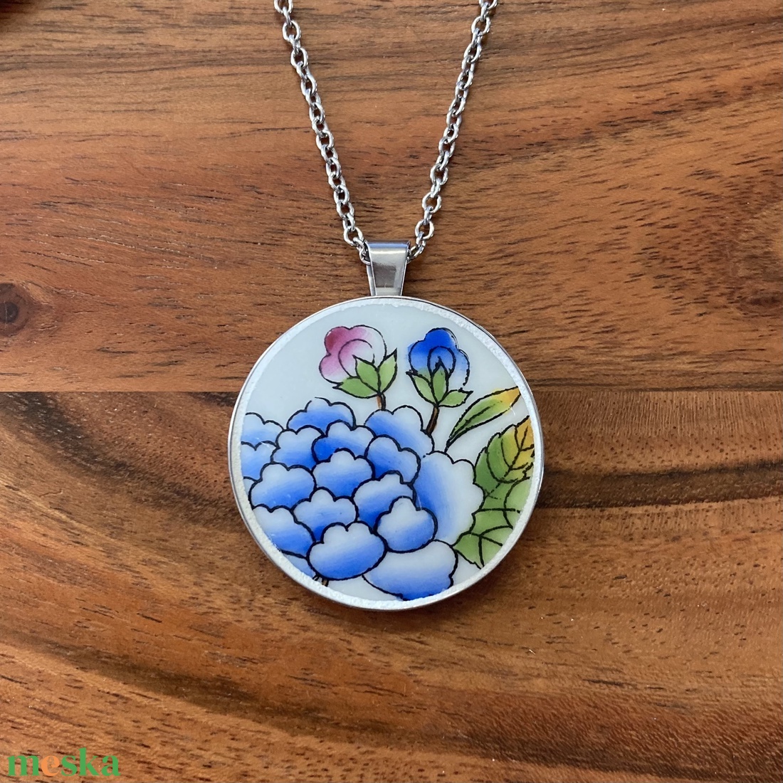 Mentett porcelán darabok - virágos nagy medálos nyaklánc - nemesacél - ékszer - nyaklánc - medálos nyaklánc - Meska.hu