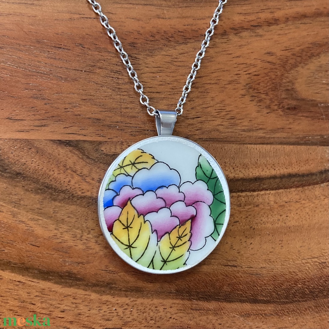 Mentett porcelán darabok - virágos nagy medálos nyaklánc - nemesacél - ékszer - nyaklánc - medálos nyaklánc - Meska.hu