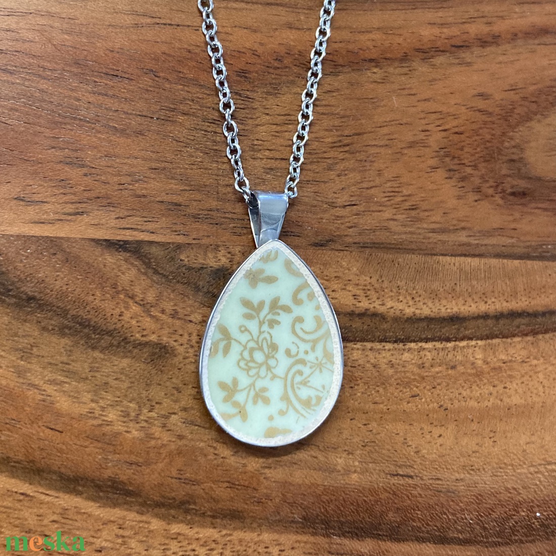 Francia mentett porcelán darabok - virágos nyaklánc - nemesacél csepp medálos - ékszer - nyaklánc - medálos nyaklánc - Meska.hu