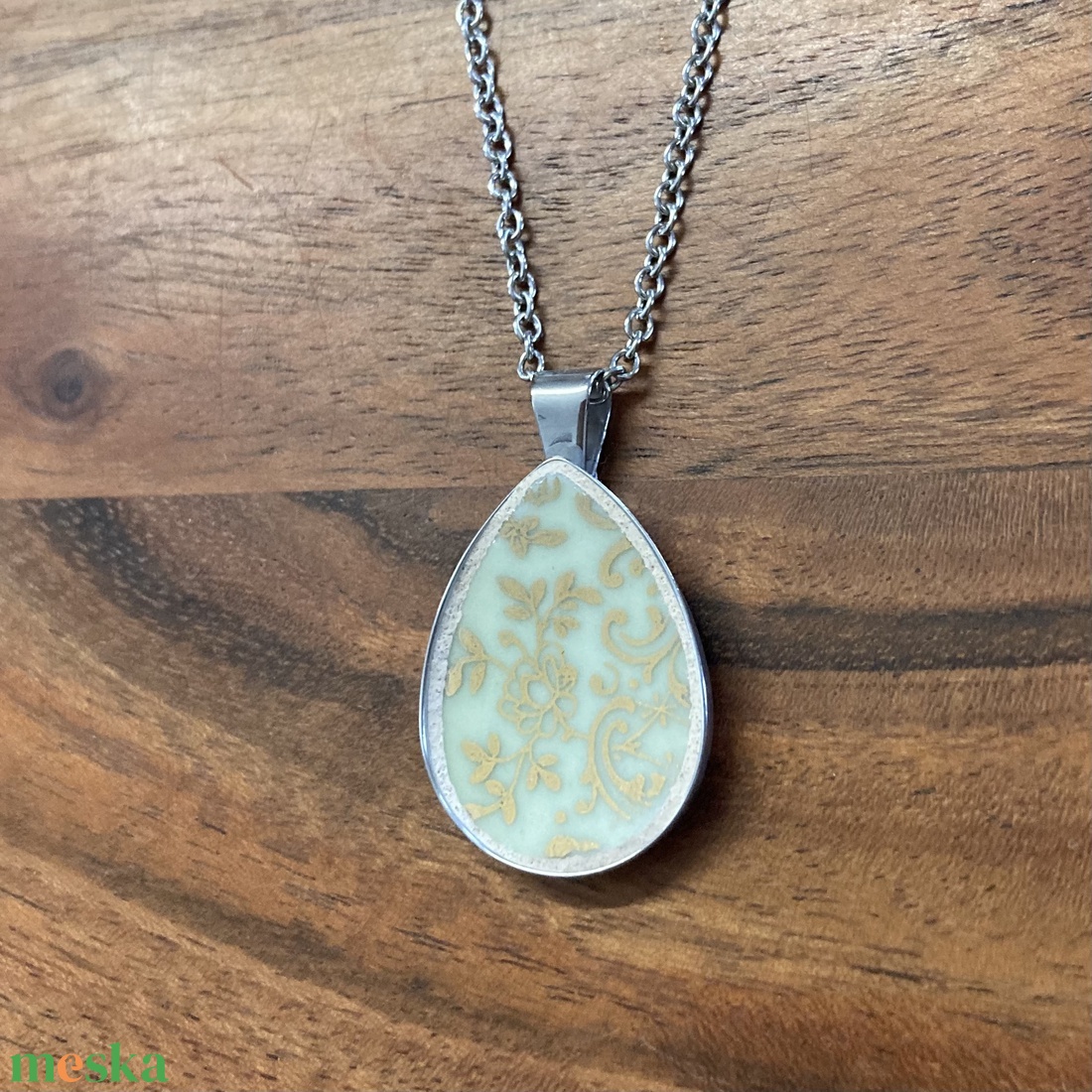 Francia mentett porcelán darabok - virágos nyaklánc - nemesacél csepp medálos - ékszer - nyaklánc - medálos nyaklánc - Meska.hu