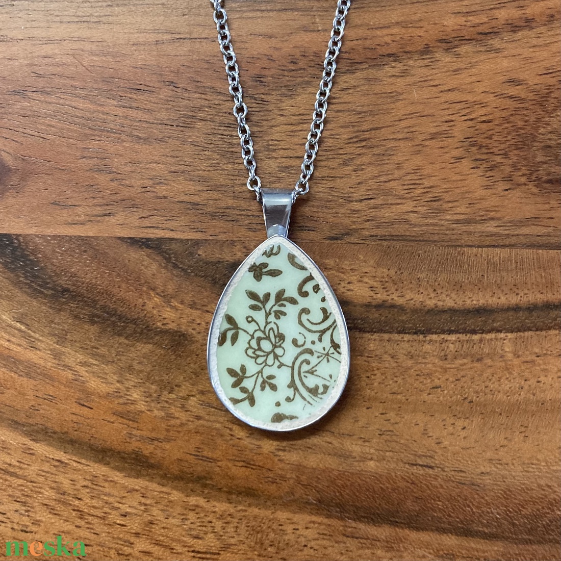 Francia mentett porcelán darabok - virágos nyaklánc - nemesacél csepp medálos - ékszer - nyaklánc - medálos nyaklánc - Meska.hu