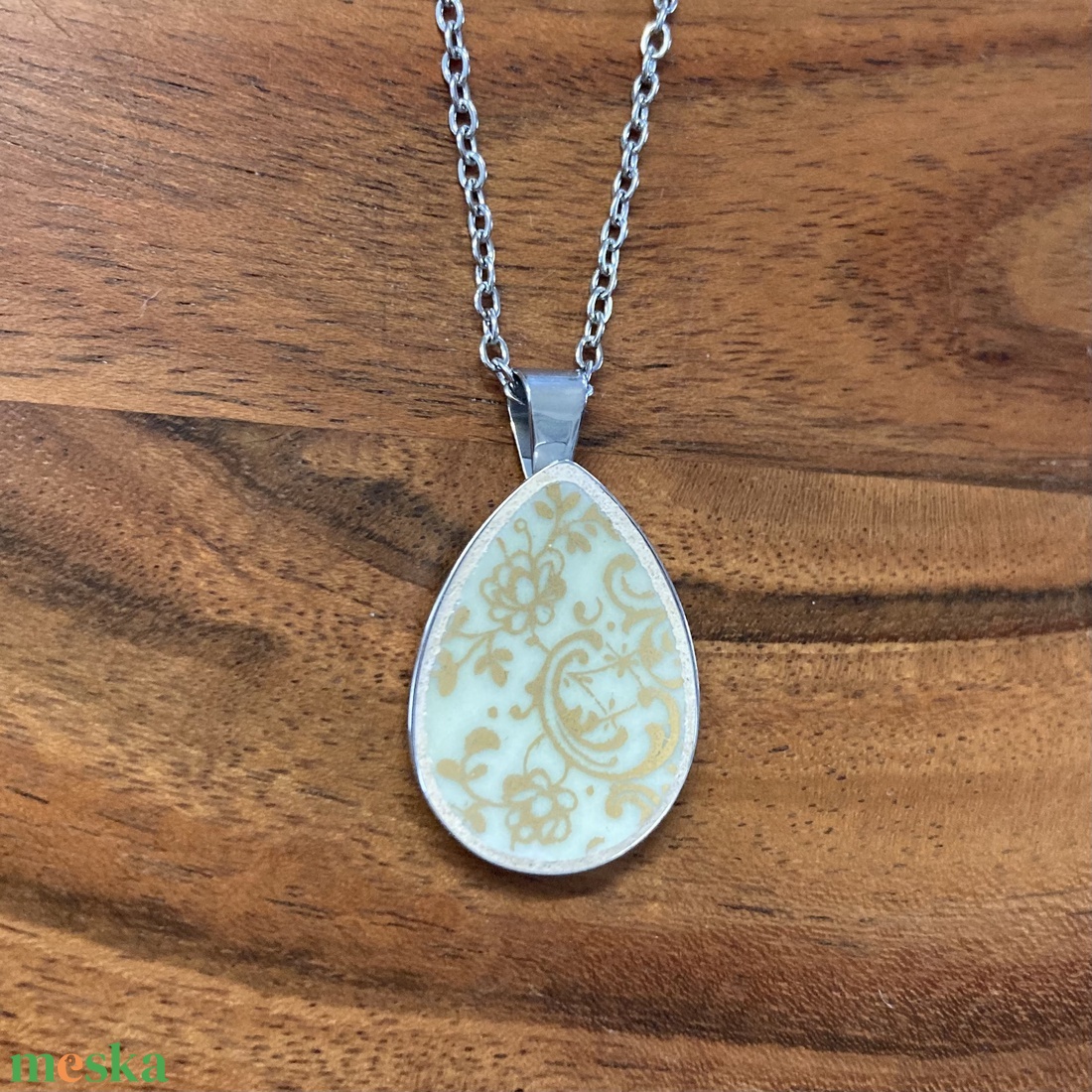 Francia mentett porcelán darabok - virágos nyaklánc - nemesacél csepp medálos - ékszer - nyaklánc - medálos nyaklánc - Meska.hu