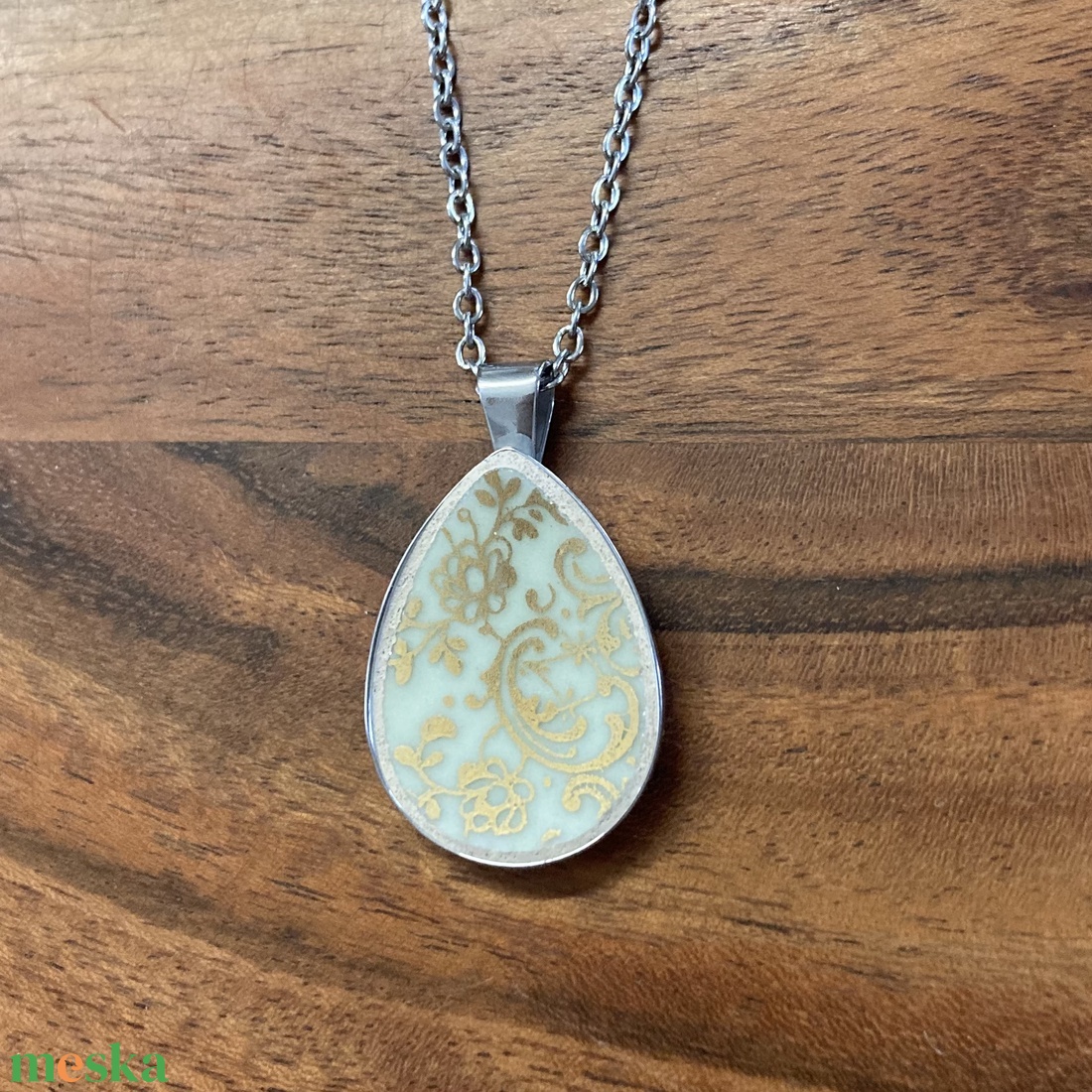 Francia mentett porcelán darabok - virágos nyaklánc - nemesacél csepp medálos - ékszer - nyaklánc - medálos nyaklánc - Meska.hu