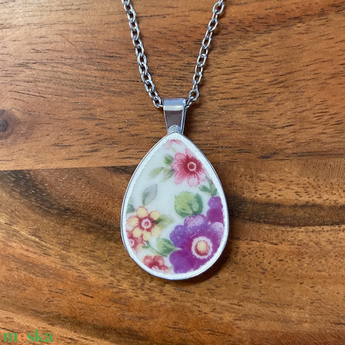 Francia mentett porcelán darabok - virágos nyaklánc - nemesacél csepp medálos - ékszer - nyaklánc - medálos nyaklánc - Meska.hu