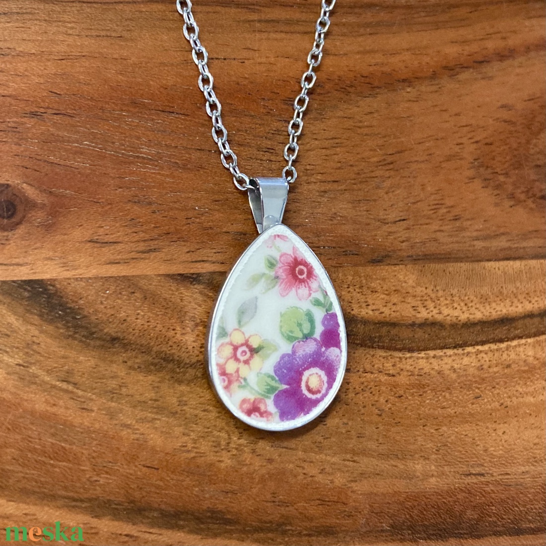 Francia mentett porcelán darabok - virágos nyaklánc - nemesacél csepp medálos - ékszer - nyaklánc - medálos nyaklánc - Meska.hu