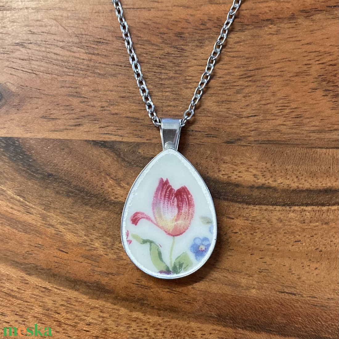 Francia mentett porcelán darabok - tulipános nyaklánc - nemesacél csepp medálos - ékszer - nyaklánc - medálos nyaklánc - Meska.hu