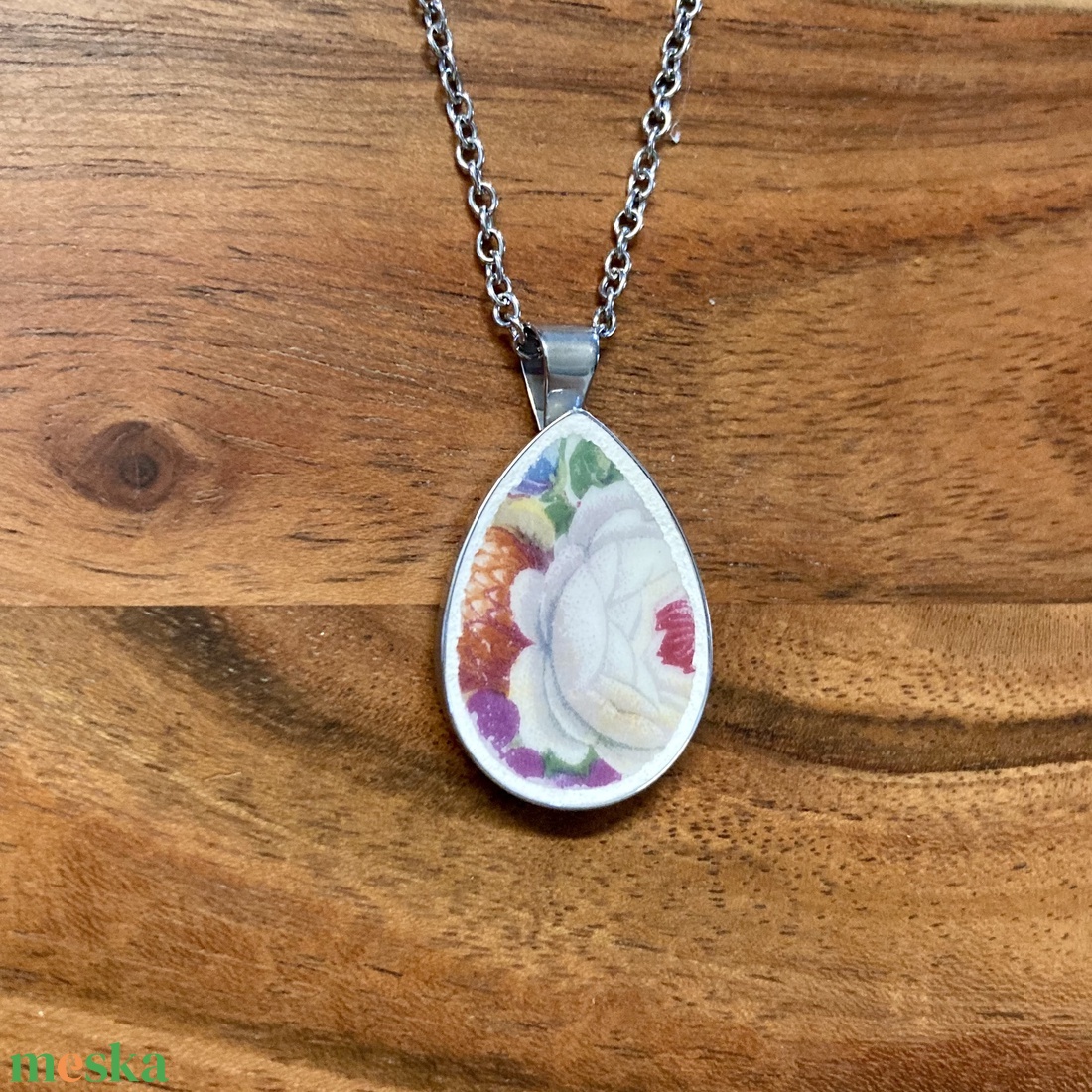 Francia mentett porcelán darabok - rózsás nyaklánc - nemesacél csepp medálos - ékszer - nyaklánc - medálos nyaklánc - Meska.hu