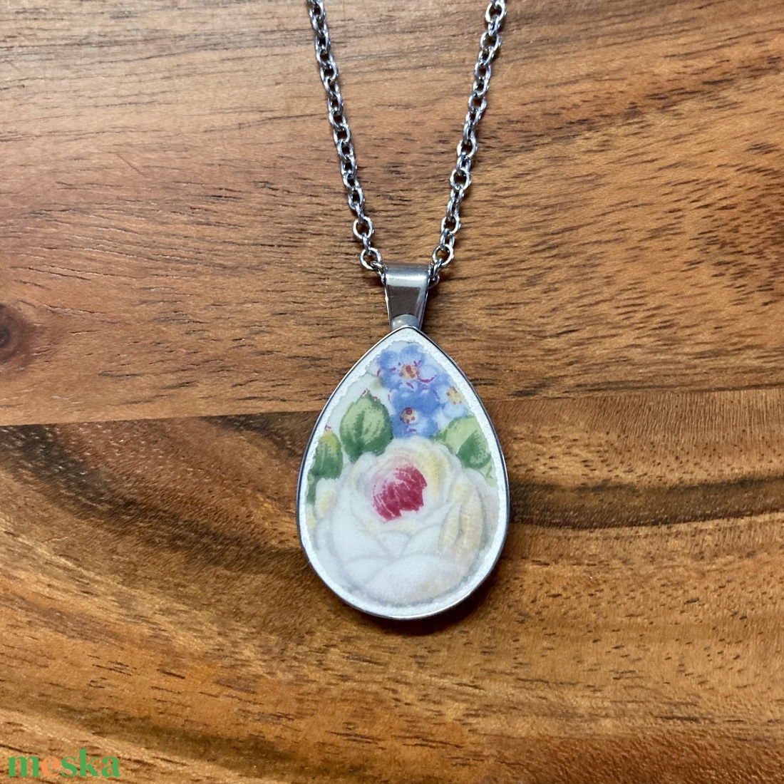 Francia mentett porcelán darabok - rózsás nyaklánc - nemesacél csepp medálos - ékszer - nyaklánc - medálos nyaklánc - Meska.hu