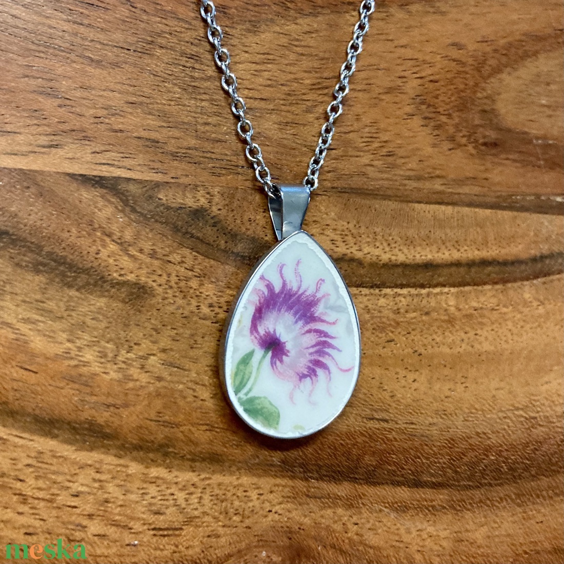 Francia mentett porcelán darabok - virágos nyaklánc - nemesacél csepp medálos - ékszer - nyaklánc - medálos nyaklánc - Meska.hu