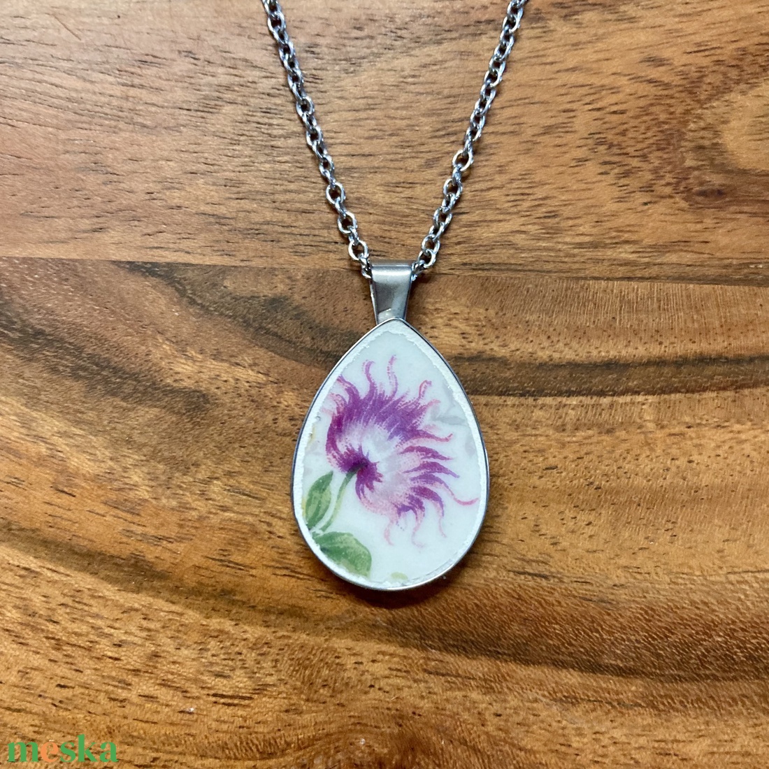 Francia mentett porcelán darabok - virágos nyaklánc - nemesacél csepp medálos - ékszer - nyaklánc - medálos nyaklánc - Meska.hu