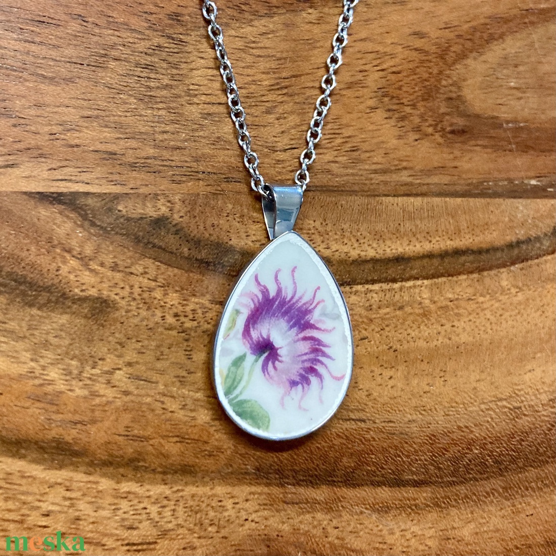 Francia mentett porcelán darabok - virágos nyaklánc - nemesacél csepp medálos - ékszer - nyaklánc - medálos nyaklánc - Meska.hu