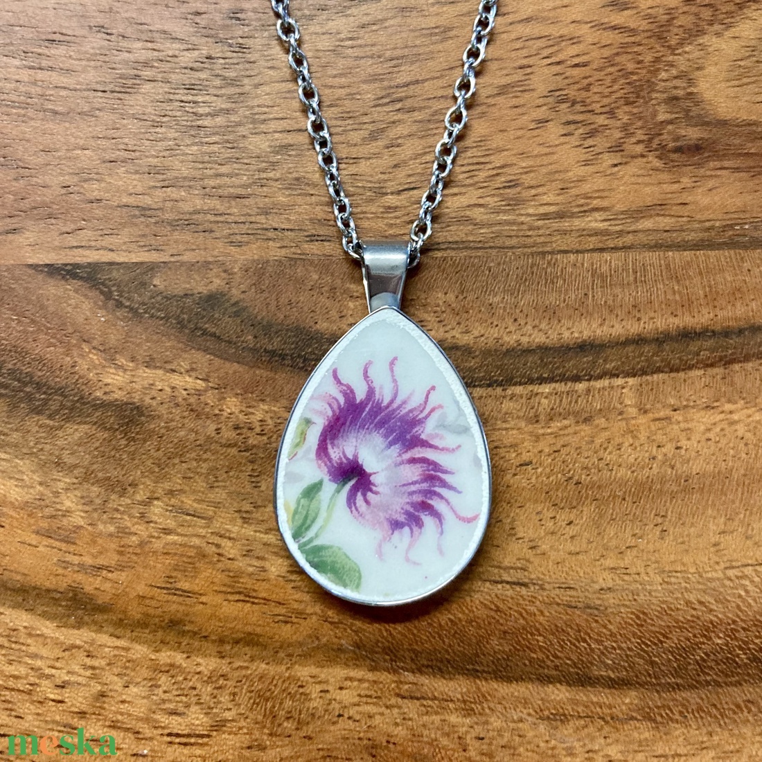 Francia mentett porcelán darabok - virágos nyaklánc - nemesacél csepp medálos - ékszer - nyaklánc - medálos nyaklánc - Meska.hu