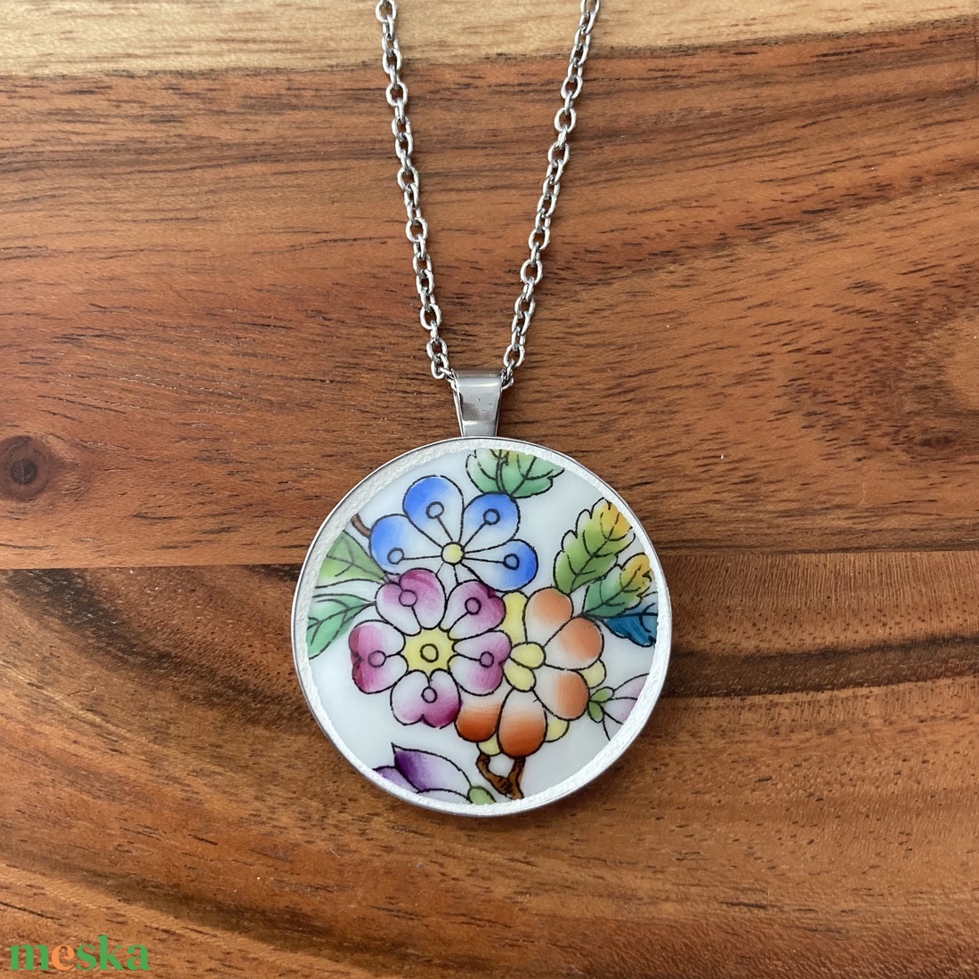 Mentett porcelán darabok - virágos nagy medálos nyaklánc - nemesacél - ékszer - nyaklánc - medálos nyaklánc - Meska.hu