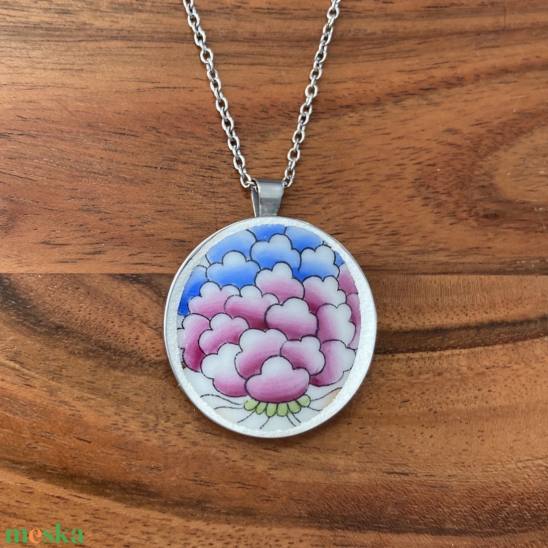 Mentett porcelán darabok - virágos nagy medálos nyaklánc - nemesacél - ékszer - nyaklánc - medálos nyaklánc - Meska.hu