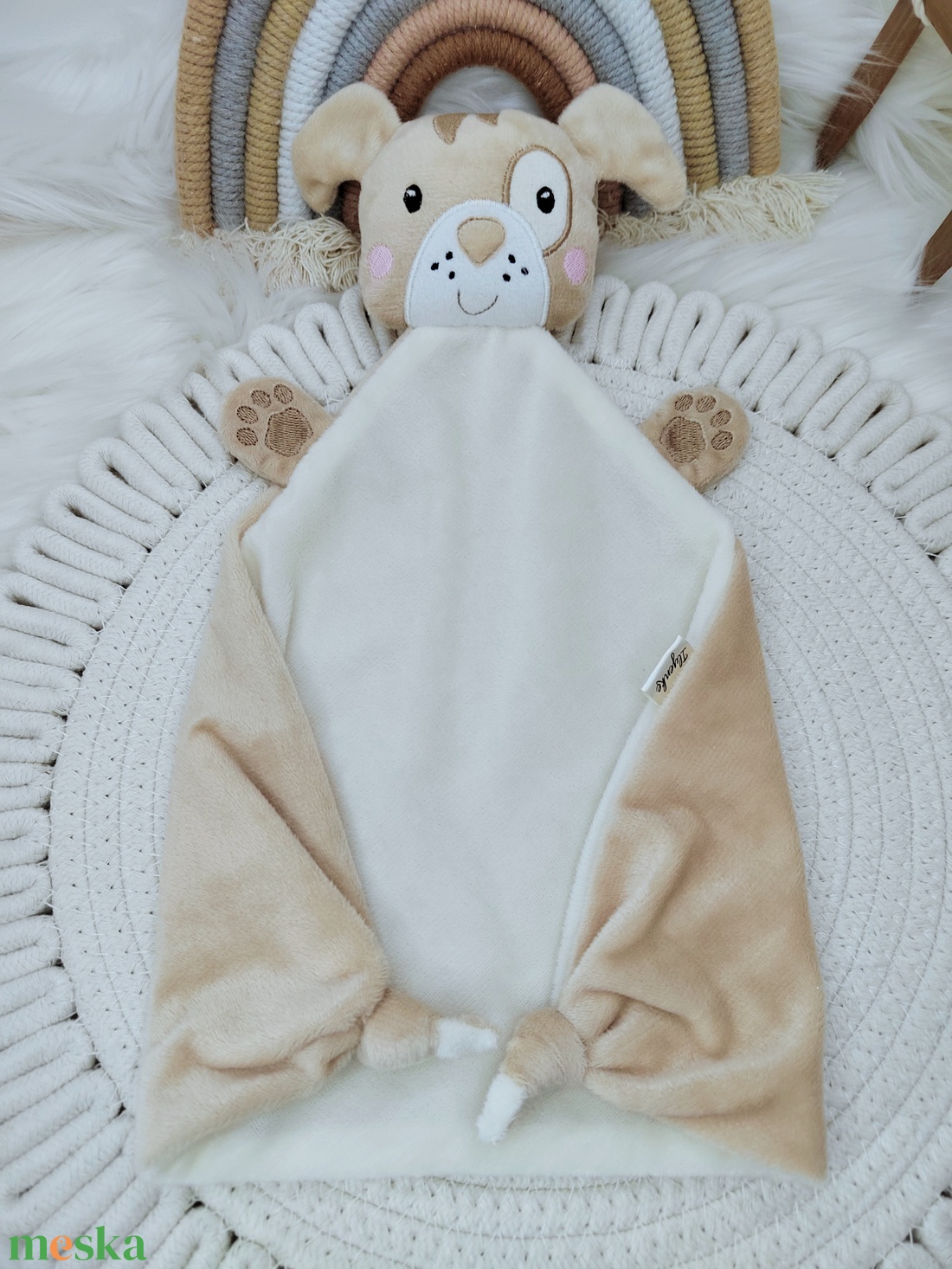 Bézs plüss rongyi kutyus - baba - mama - baba játékok - szundikendő, alvóka - Meska.hu