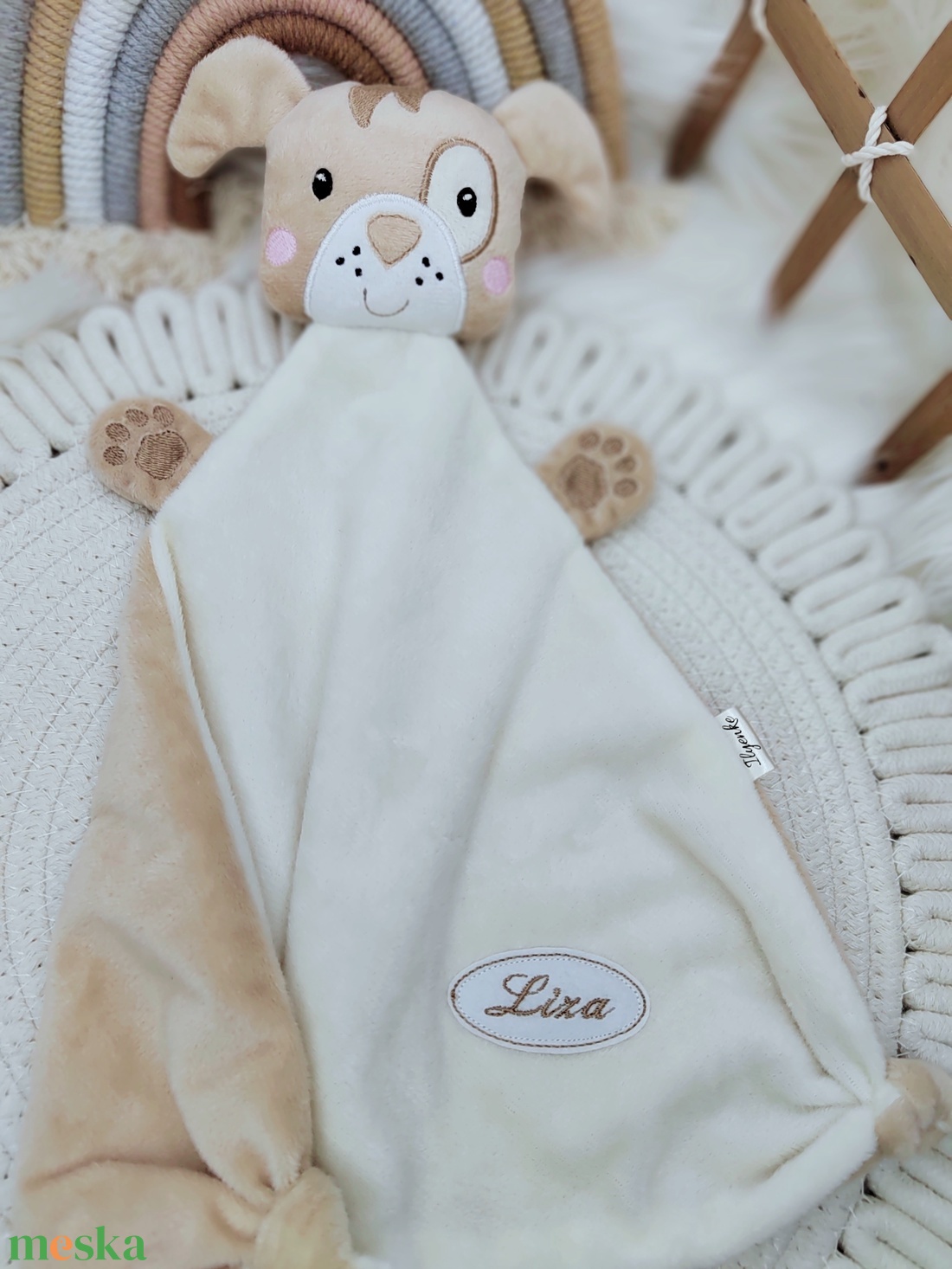 Bézs plüss rongyi kutyus - baba - mama - baba játékok - szundikendő, alvóka - Meska.hu