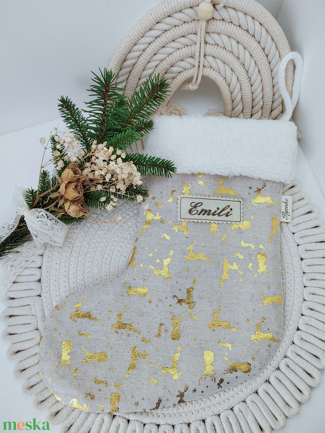 Arany szarvas mikulás csizma keresztnév hímzéssel - karácsony - mikulás - mikulás csizma és zokni - Meska.hu