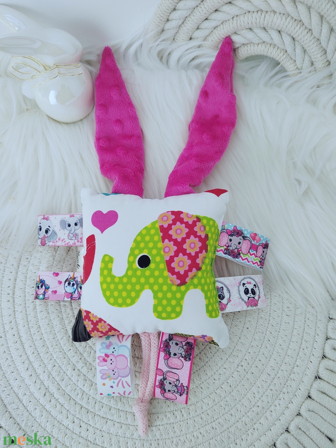Színes elefántos cimkepárna csörgővel  - baba - mama - baba játékok - csörgő - Meska.hu