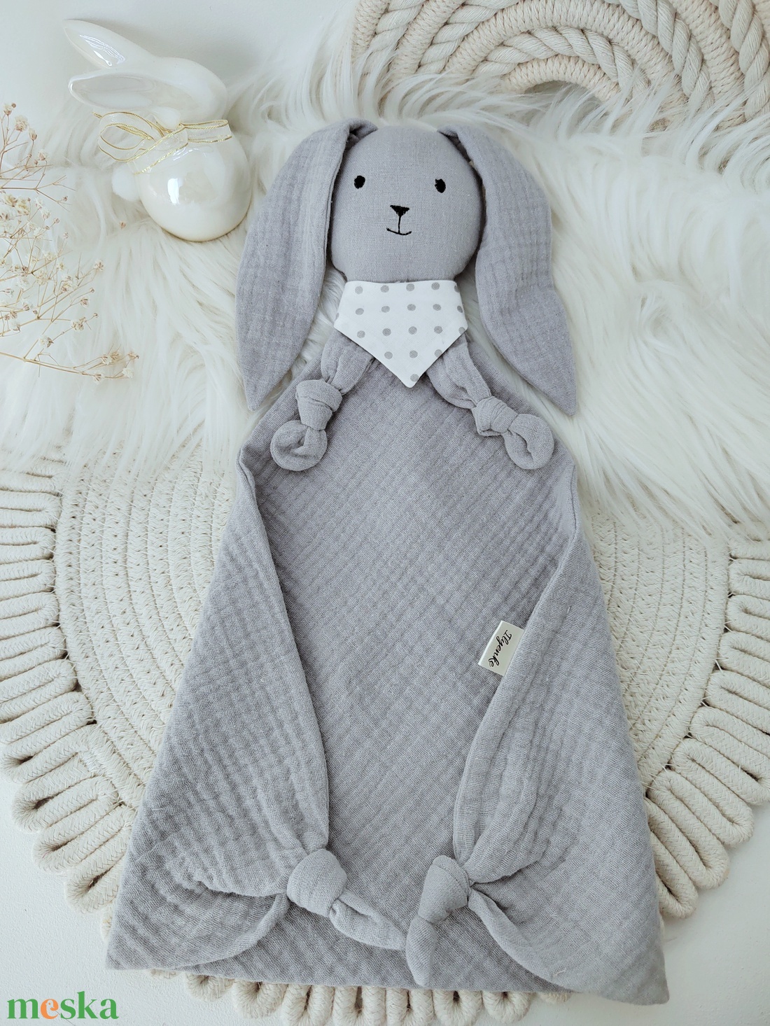 Szürke, dupla géz rongyi nyuszi - baba - mama - baba játékok - szundikendő, alvóka - Meska.hu
