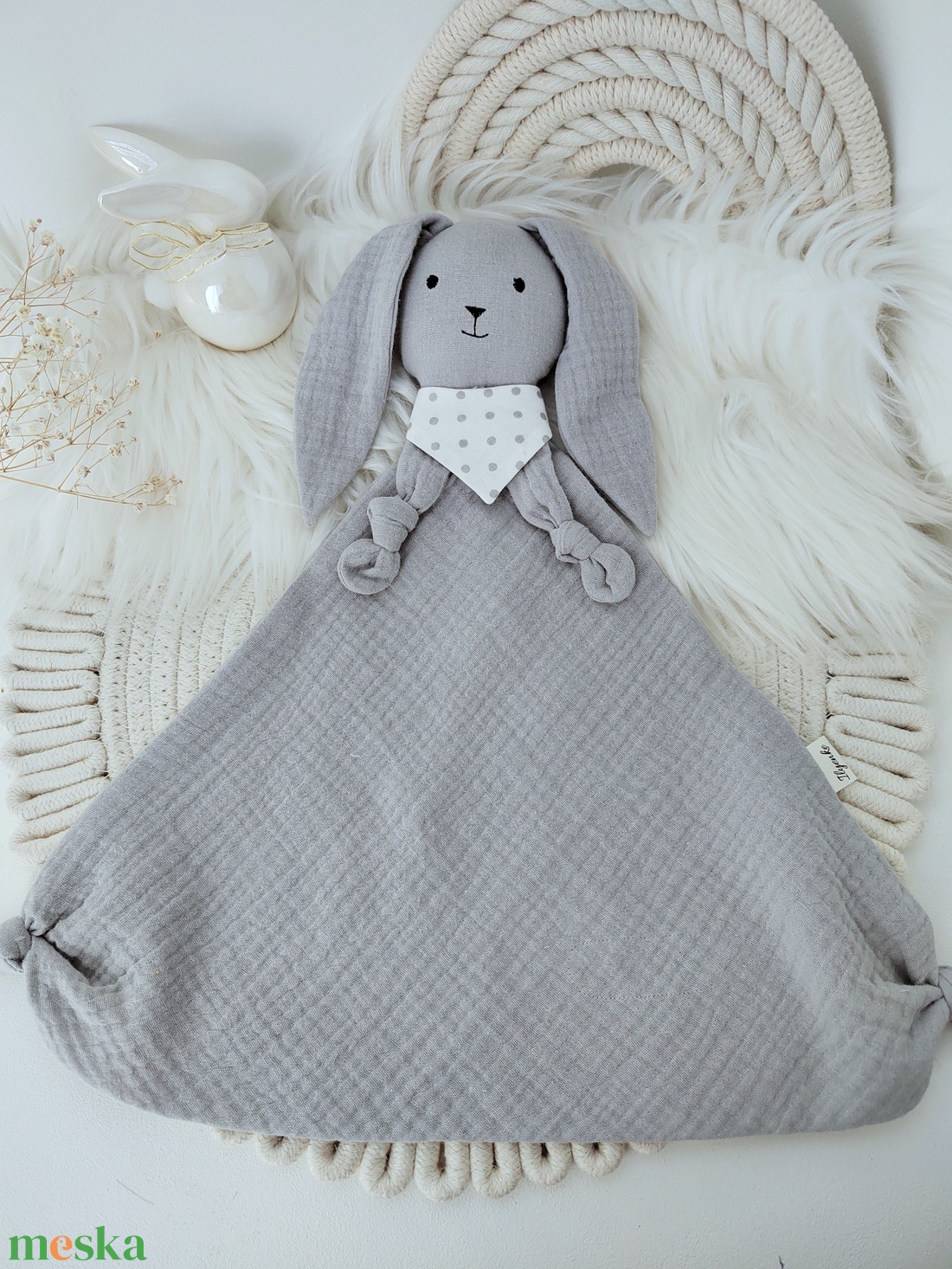 Szürke, dupla géz rongyi nyuszi - baba - mama - baba játékok - szundikendő, alvóka - Meska.hu