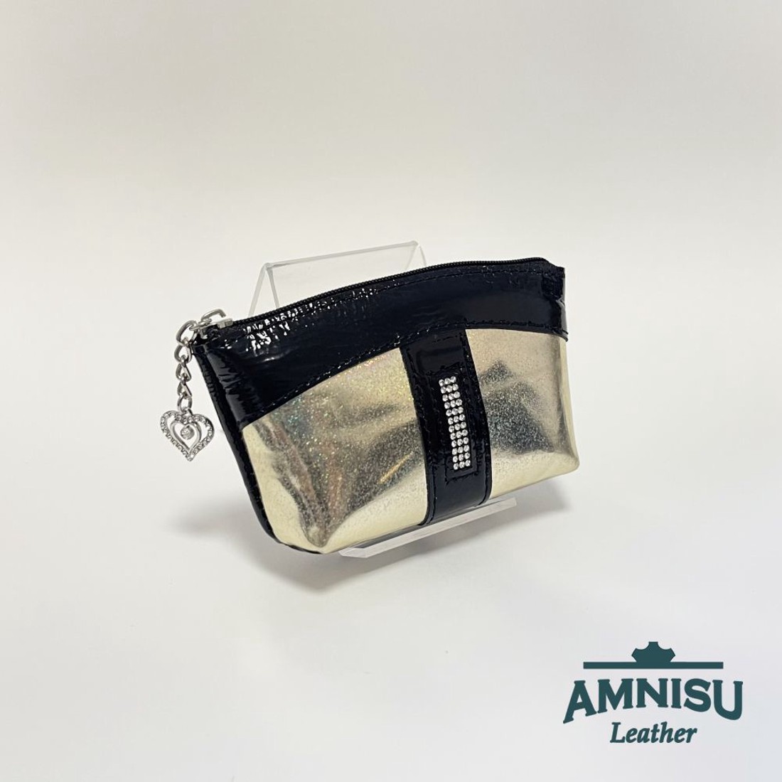 Fekete gyűrt lakk - hologramos arany egy cipzáras egyenes kristály köves kulcstartó E8007 - táska & tok - kulcstartó & táskadísz - kulcstartó - Meska.hu