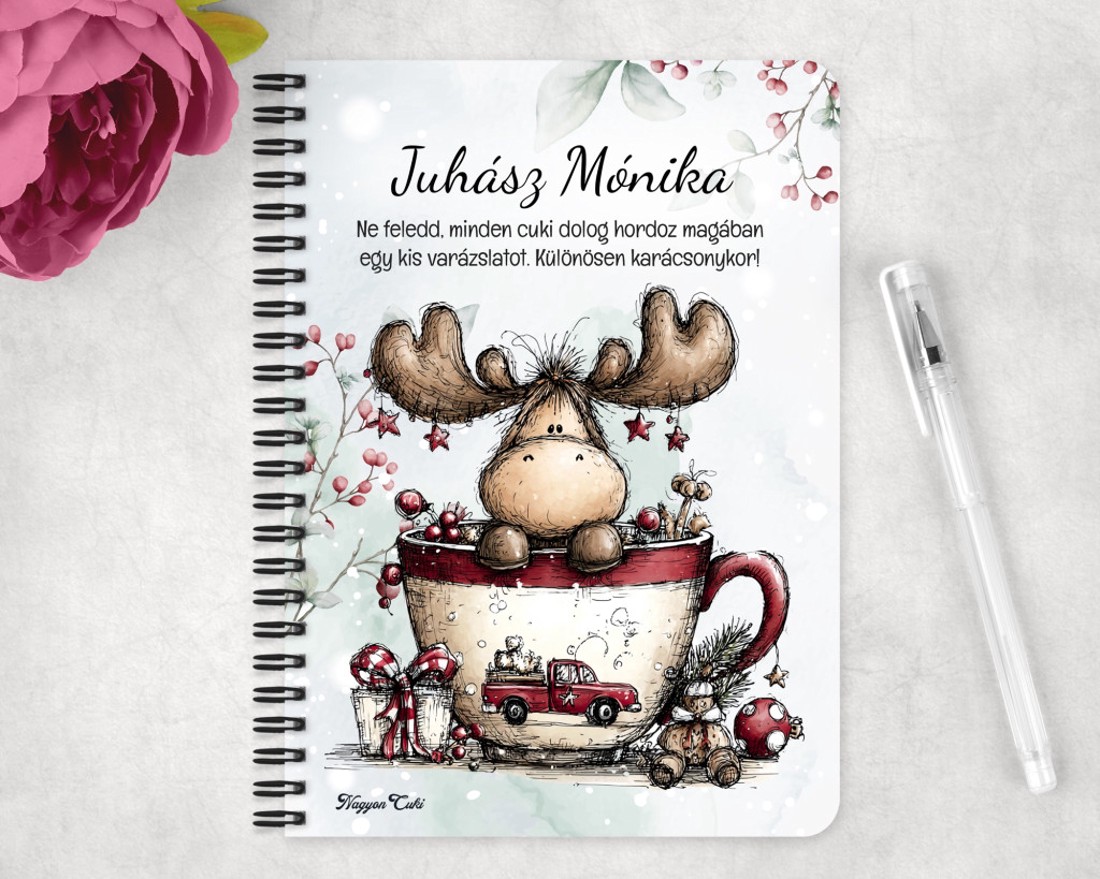 Személyre szabható - Cuki téli jávorszarvas mintás A6-os füzet - otthon & életmód - papír, írószer - jegyzetfüzet & napló - Meska.hu