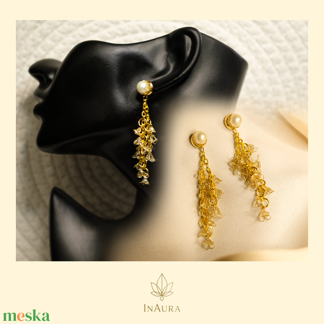 Bézs gyöngyös, üvegvirág hatású arany színű fülbevaló - ékszer - fülbevaló - lógó fülbevaló - Meska.hu