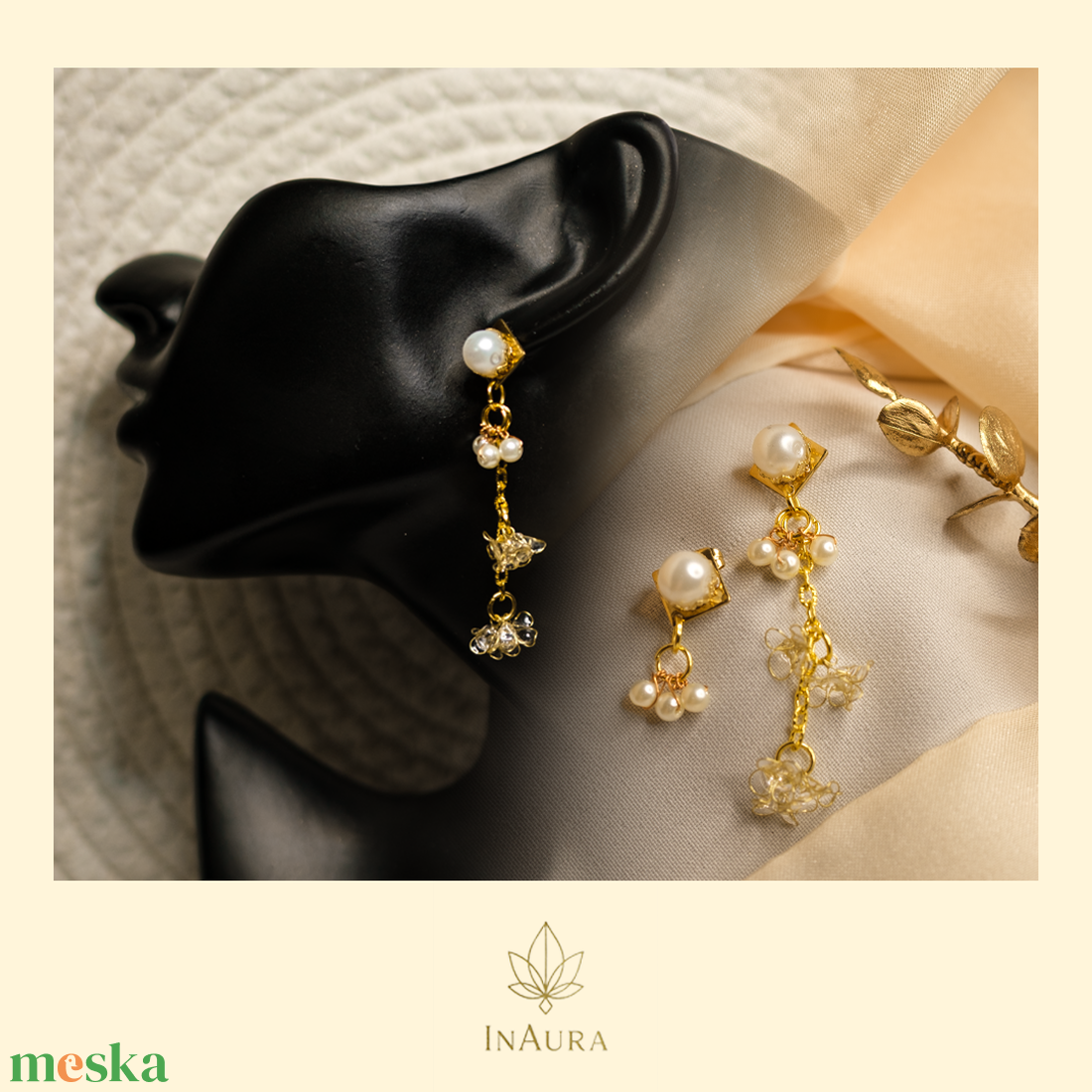 Arany színű, bézs gyöngyös asszimetrikus lógós fülbevaló - ékszer - fülbevaló - lógó fülbevaló - Meska.hu