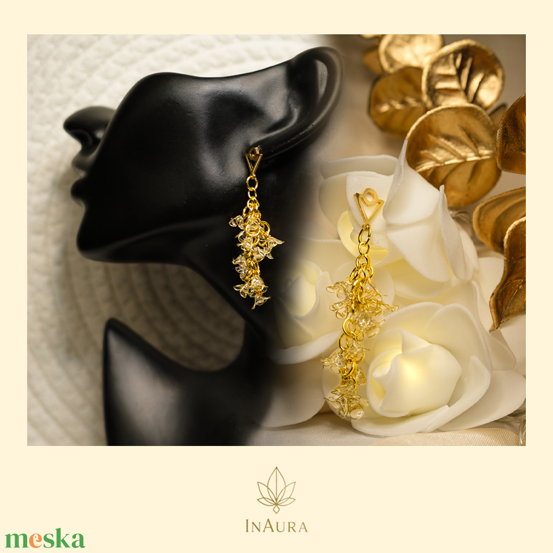 Arany színű, üvegvirág hatású lógós fülbevaló - ékszer - fülbevaló - lógó fülbevaló - Meska.hu
