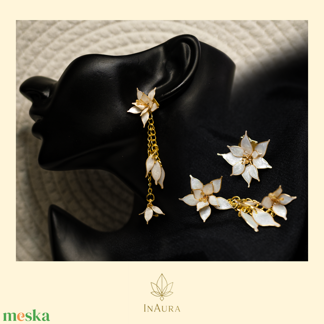 Selyemfehér, aranyszínű keretes asszimetrikus virág lógós fülbevaló - ékszer - fülbevaló - lógó fülbevaló - Meska.hu