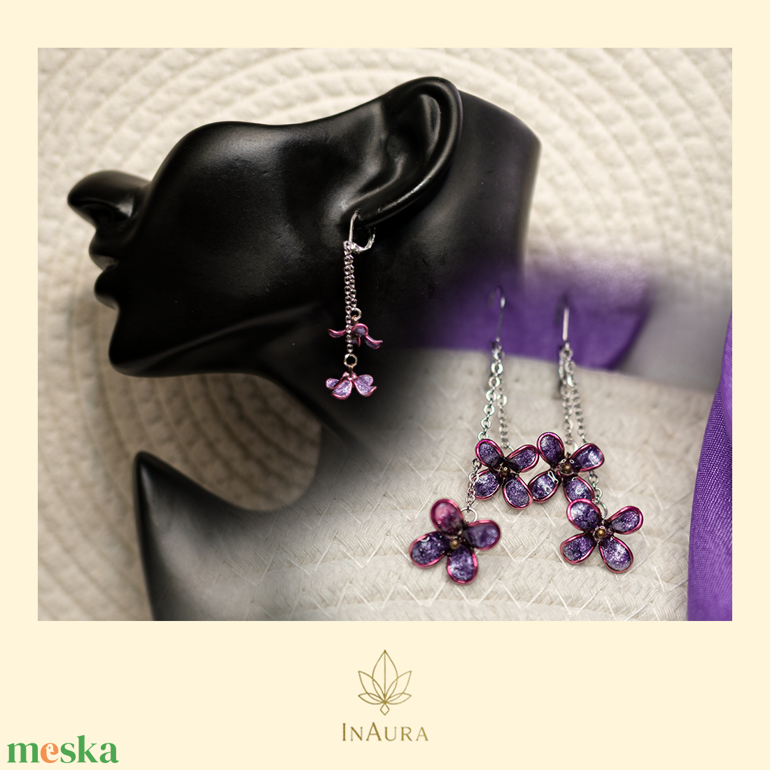 Lila csillogó virágos lógós fülbevaló - ékszer - fülbevaló - lógó fülbevaló - Meska.hu