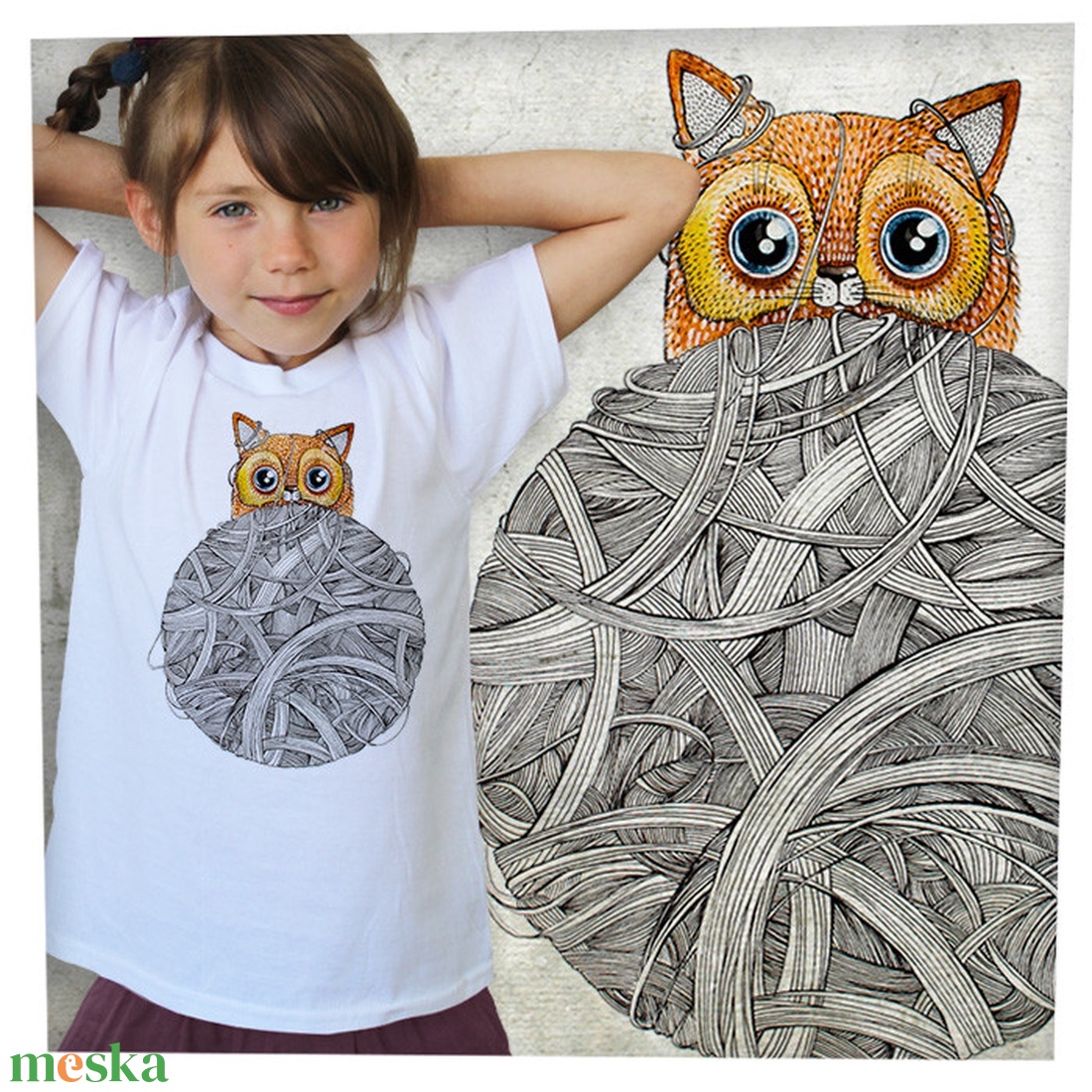 Cica gombolyaggal - Jó minőségű klasszikus gyerekpóló - ruha & divat - gyerekruha - póló - Meska.hu