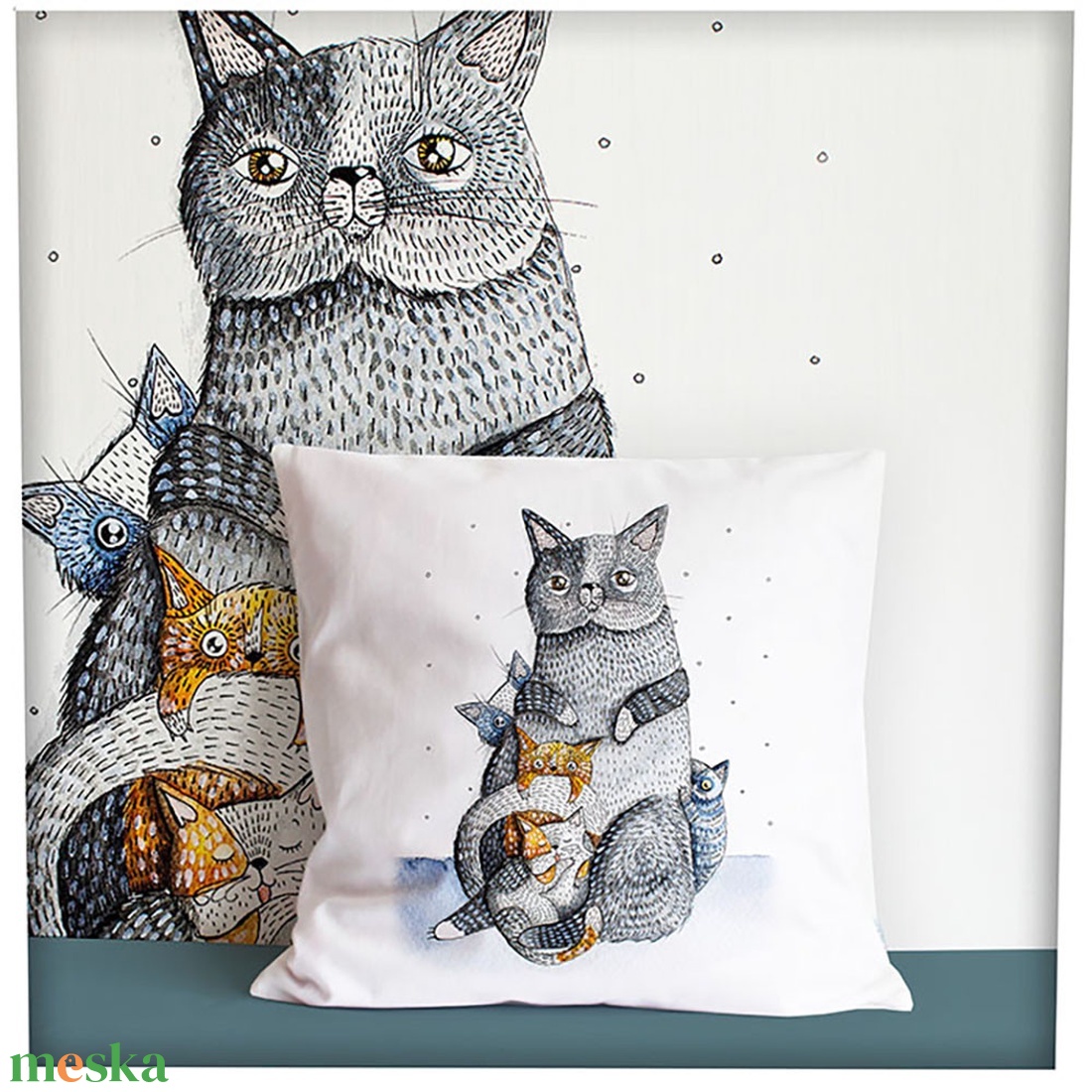 Cica család - párnán - otthon & életmód - lakástextil - párna & párnahuzat - díszpárnahuzat - Meska.hu